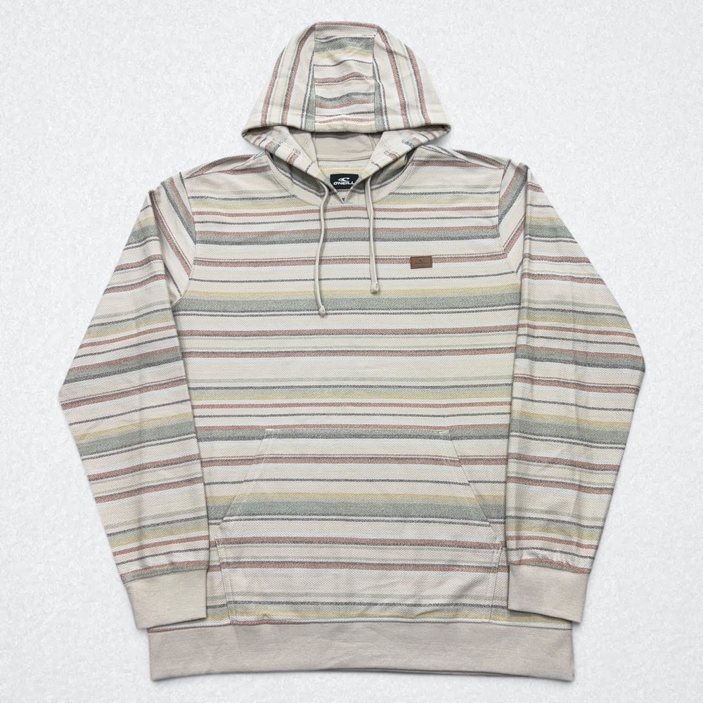 O'Neill Bavaro Hoodie Mens Large Beige Striped French Terry Cloth Pullover